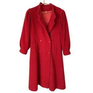 Vintage Cashmere Wool Blend Wrap Long Trench Coat Jacket Bright Red 80s Style
